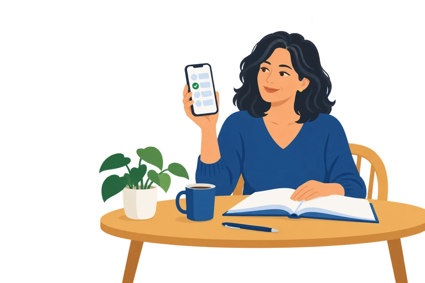 A woman at a table holds up a phone showing practice questions, with an open book, a mug and a plant beside her.