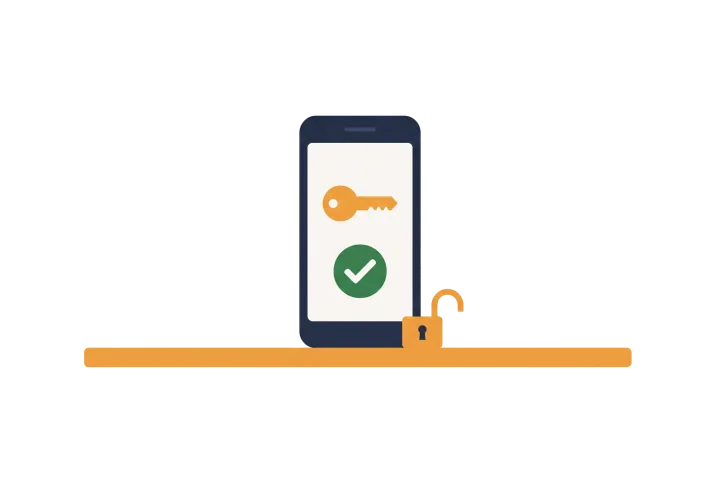 A phone showing a key and a green tick, with an open padlock beside it.