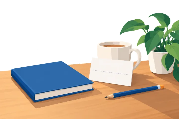 A blue study book, a blank card, a pencil, a cup of tea and a plant on a wooden desk.