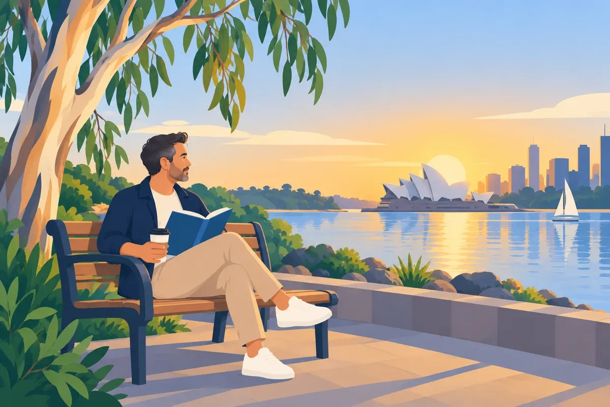 A man reads a book on a bench by Sydney Harbour at sunset, looking across the water to the Opera House and the city.